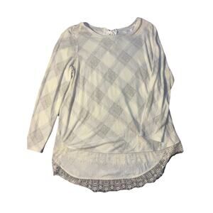 LC Lauren Conrad Cream And Gray Back Tie Plaid Sz XL Cottagecore Lace Hem